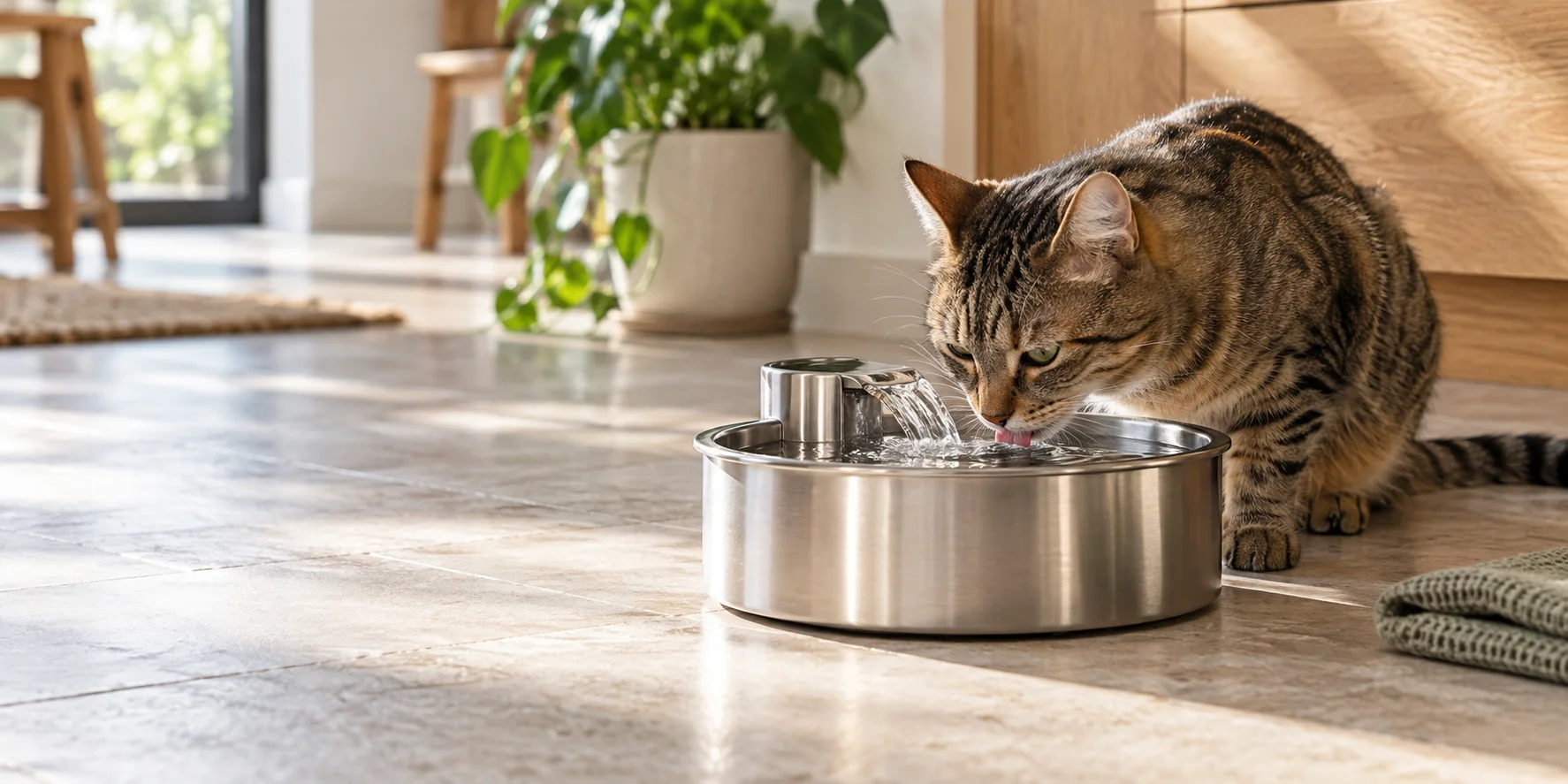 A tabby cat drinking from a stainless-steel water fountain