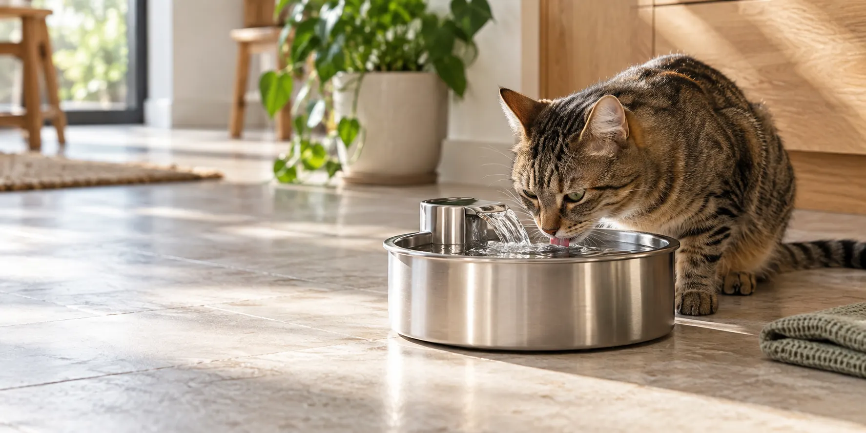 A tabby cat drinking from a stainless-steel water fountain