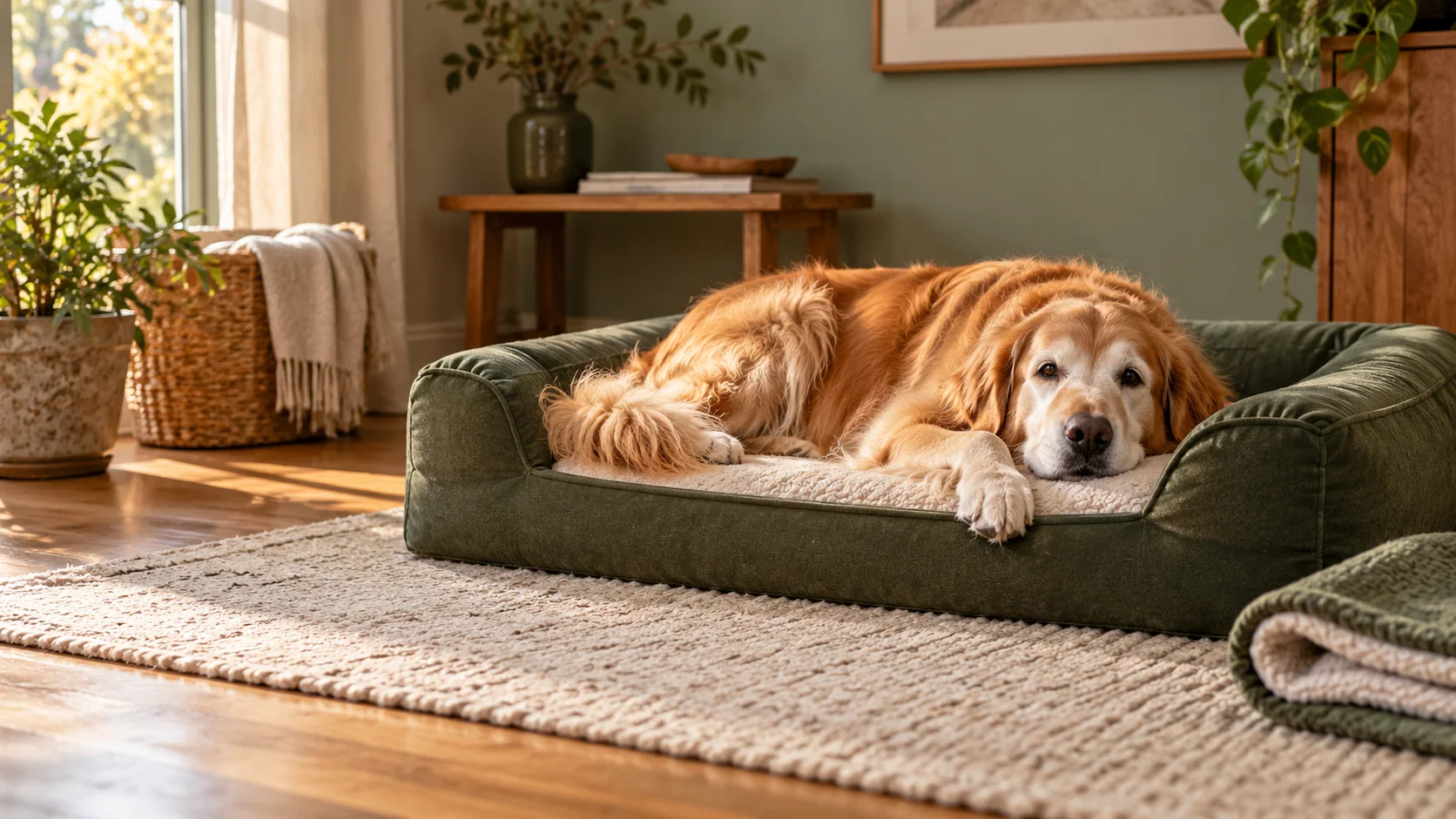 A senior golden retriever resting on a supportive green dog bed