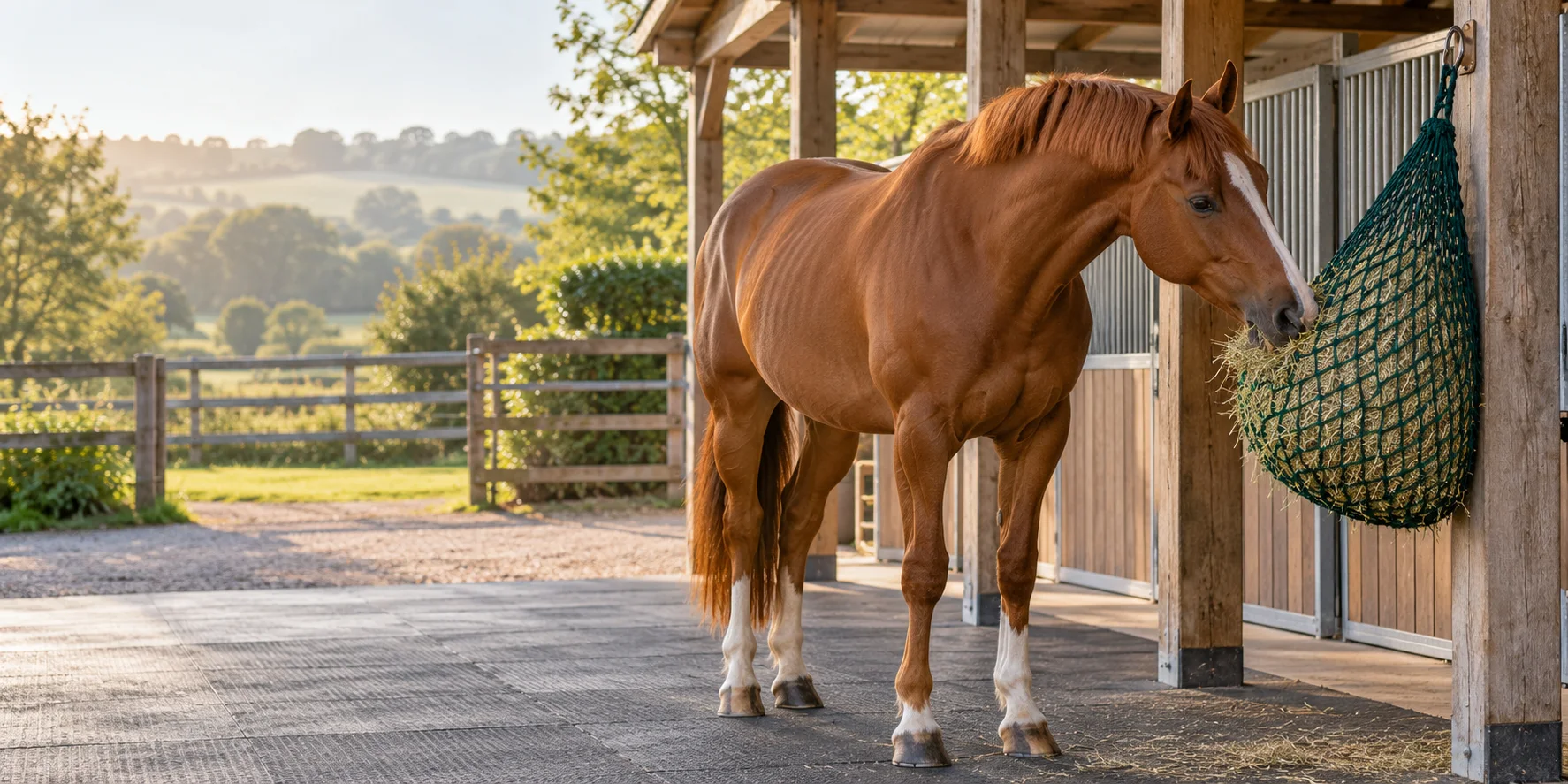A chestnut horse eating from a dark-green slow-feed hay net